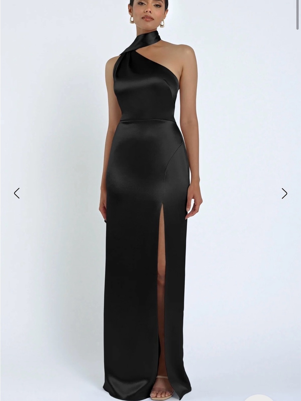 Jenny Yoo One-Shoulder Black Satin Column Gown with Thigh Slit